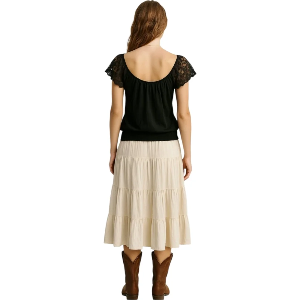 Wmns Black Lace Flutter Sleeve Blouse M Smocked Waist Prairie Cottagecore Boho - Picture 2 of 7